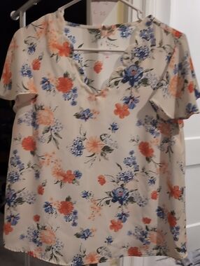 Cato Cream Floral V-Neck Blouse with Blue & Coral Blooms